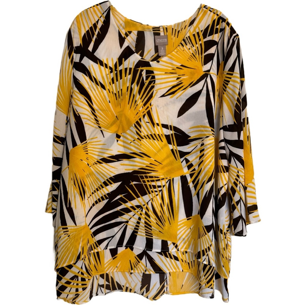 Chico's Size 3  Yellow Brown White Tropical Floral Layered Blouse only $14!!
